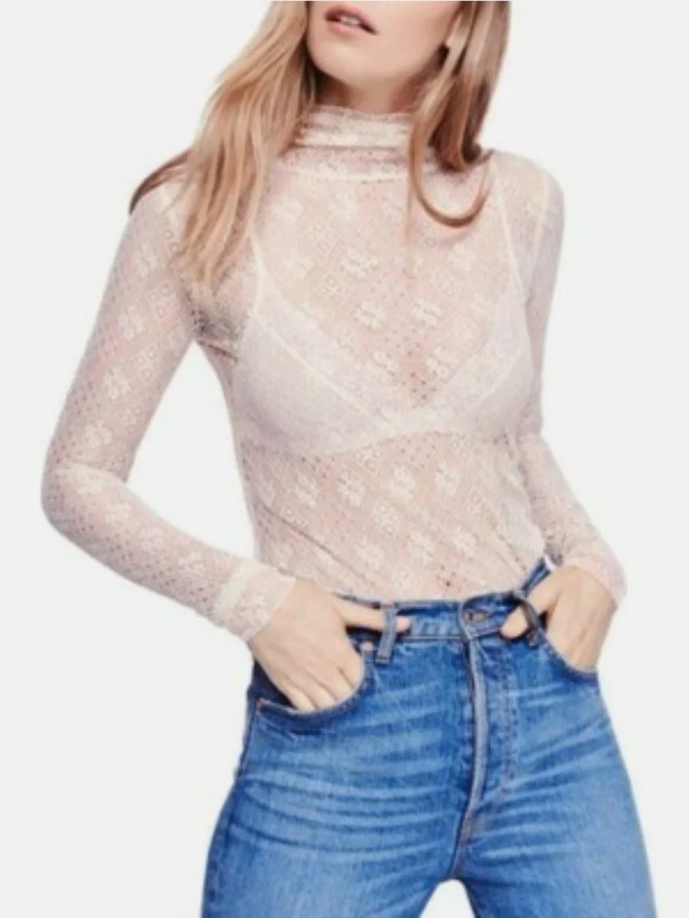 Intimately by Free People Sweet Memories Ivory Sheer Lace Turtleneck Top